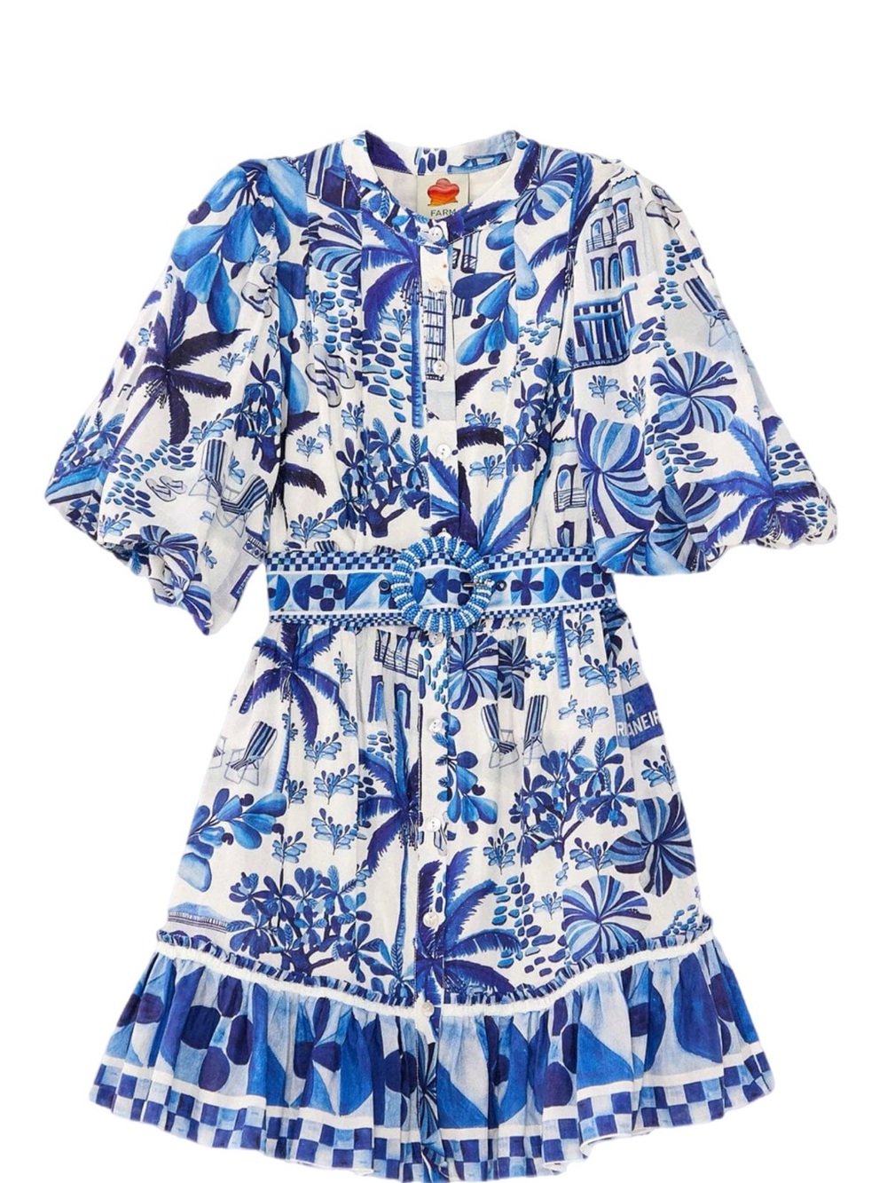 Blue & White Tropical Print Belted Romper